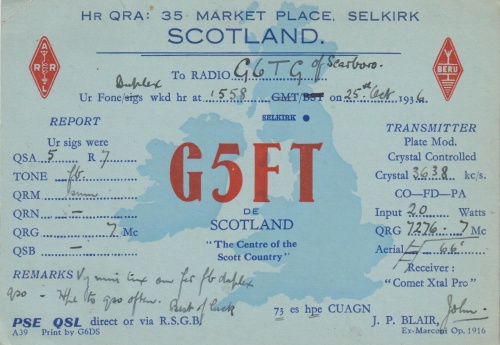 G5FT QSL card sent to G6TG for a QSO (contact) on 25 October 1936.